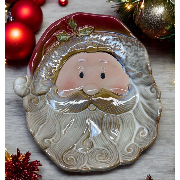 Santa Claus Face Christmas Cookie Plate Holiday Trinket Tray Dish - Picture 1 of 8